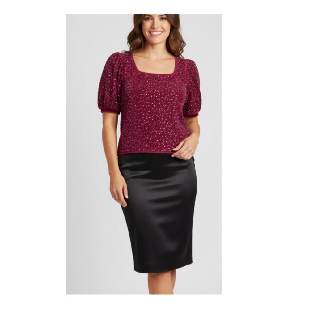 Queen of Sparkles Maroon Rhinestone Sequin Puff Sleeve Top Square Neck XS